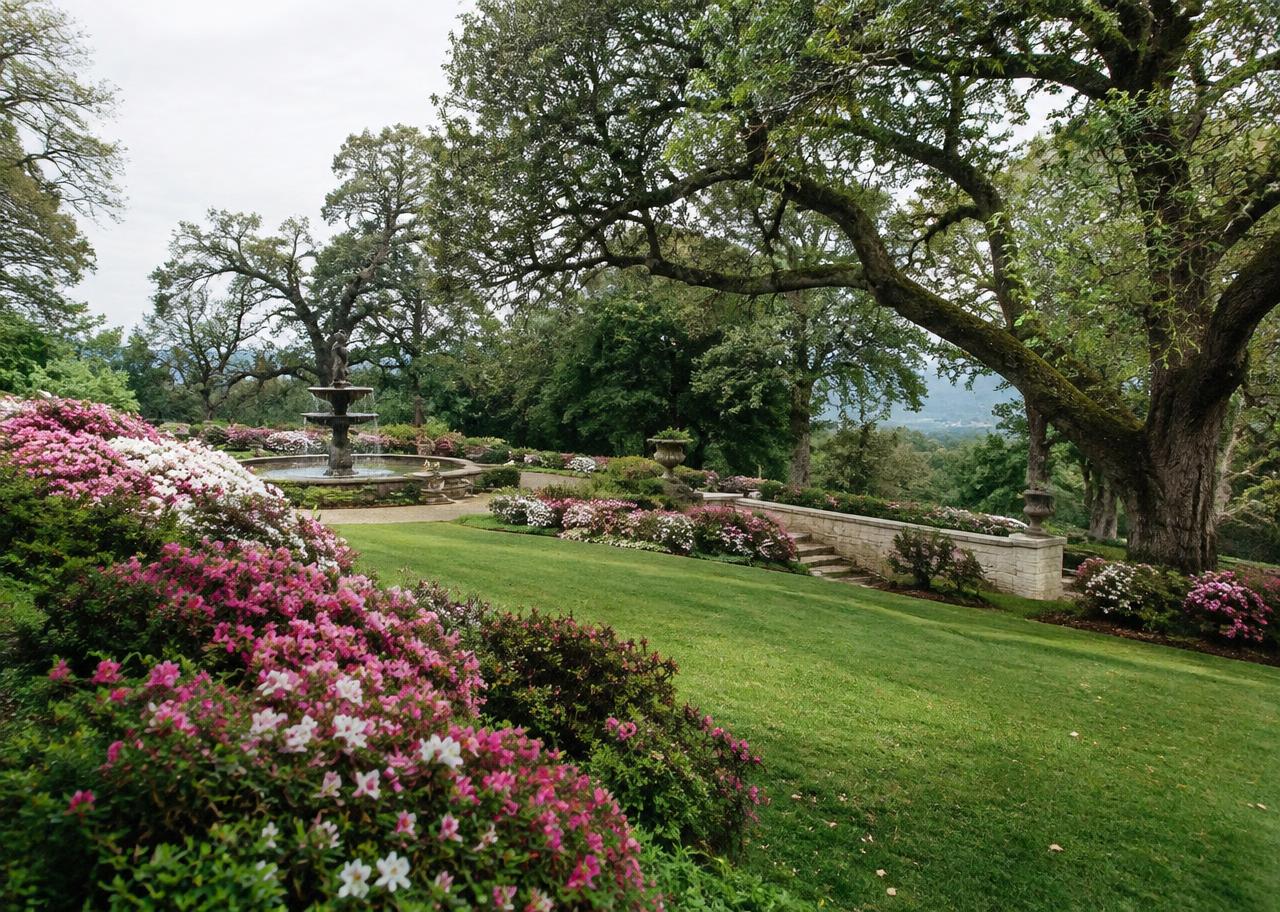 Terraced public garden with azaleas and a fountain in spring