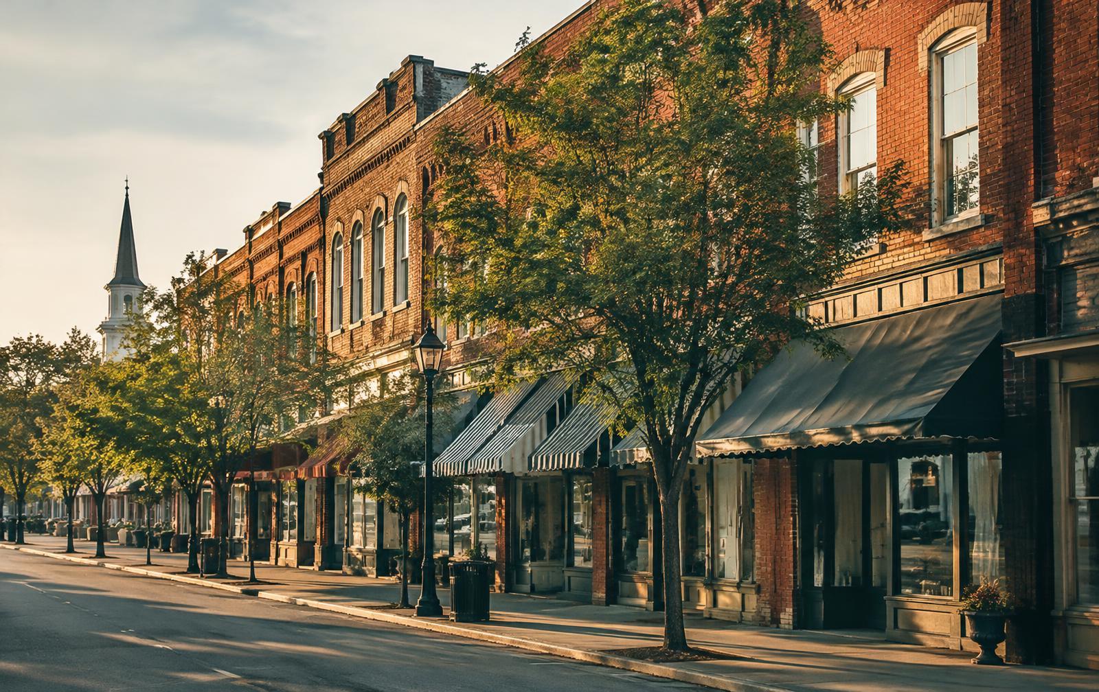 Brick storefronts on a historic downtown street in the South Carolina Piedmont