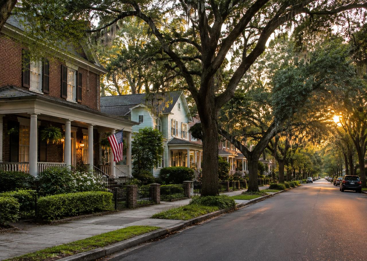 Tree-lined residential street with porches near a historic downtown